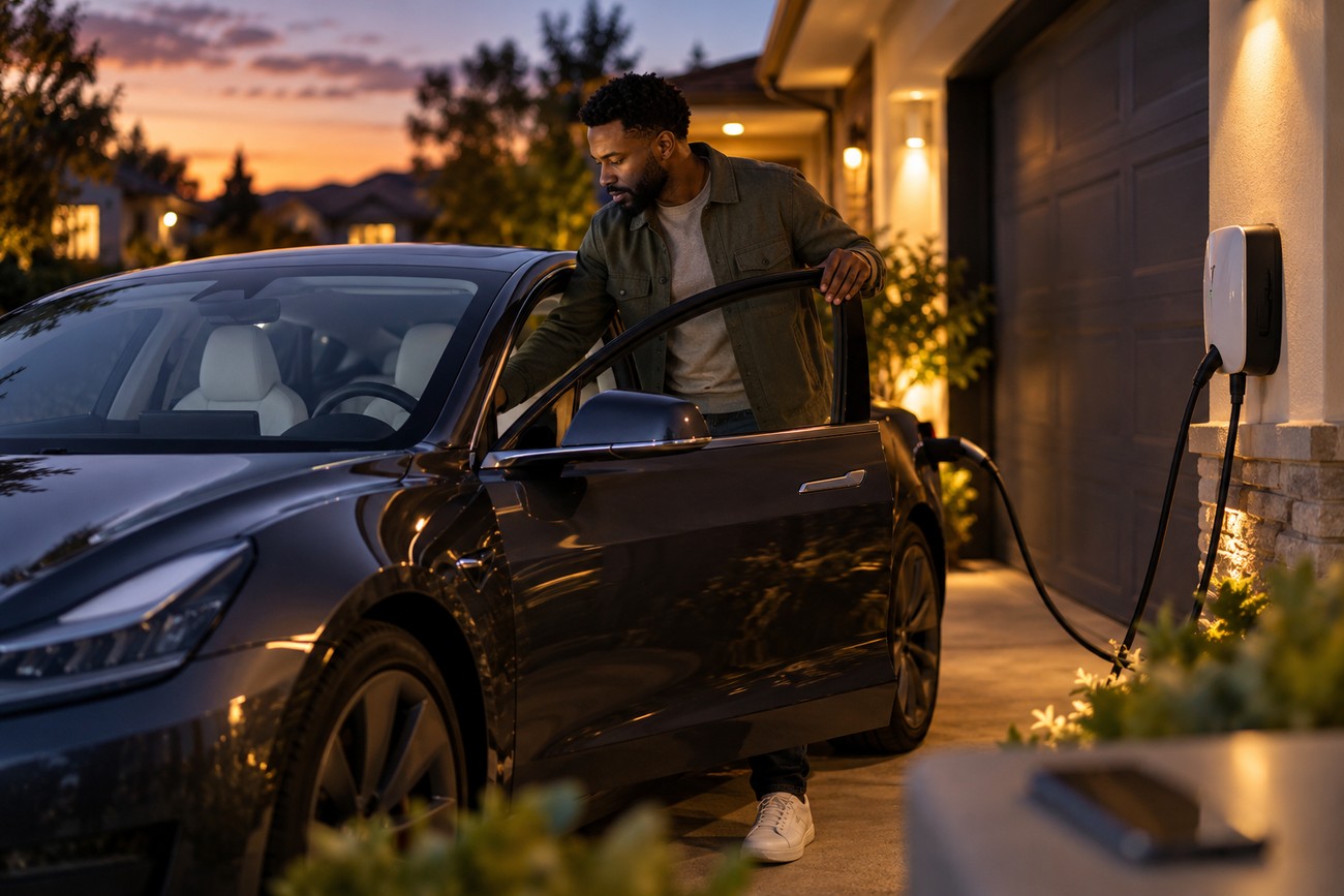 A man opening the door of a dark electric car plugged into a wall charger outside a house