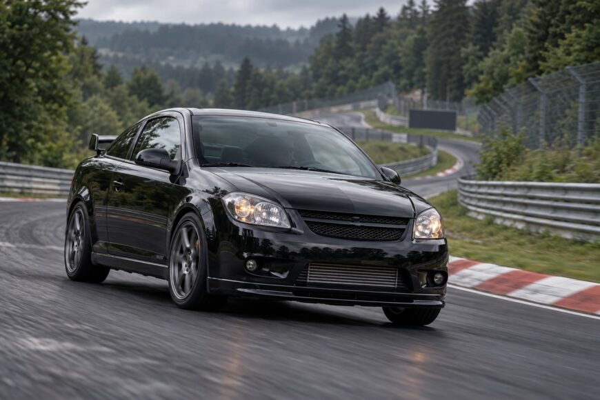 Black Chevrolet Cobalt SS coupe aggressively cornering on the asphalt track of Nürburgring surrounded by green forest