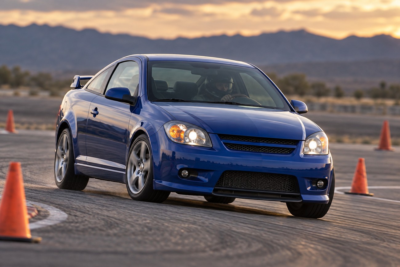 Blue Chevrolet Cobalt SS coupe cornering on a race track surrounded by orange cones at sunset