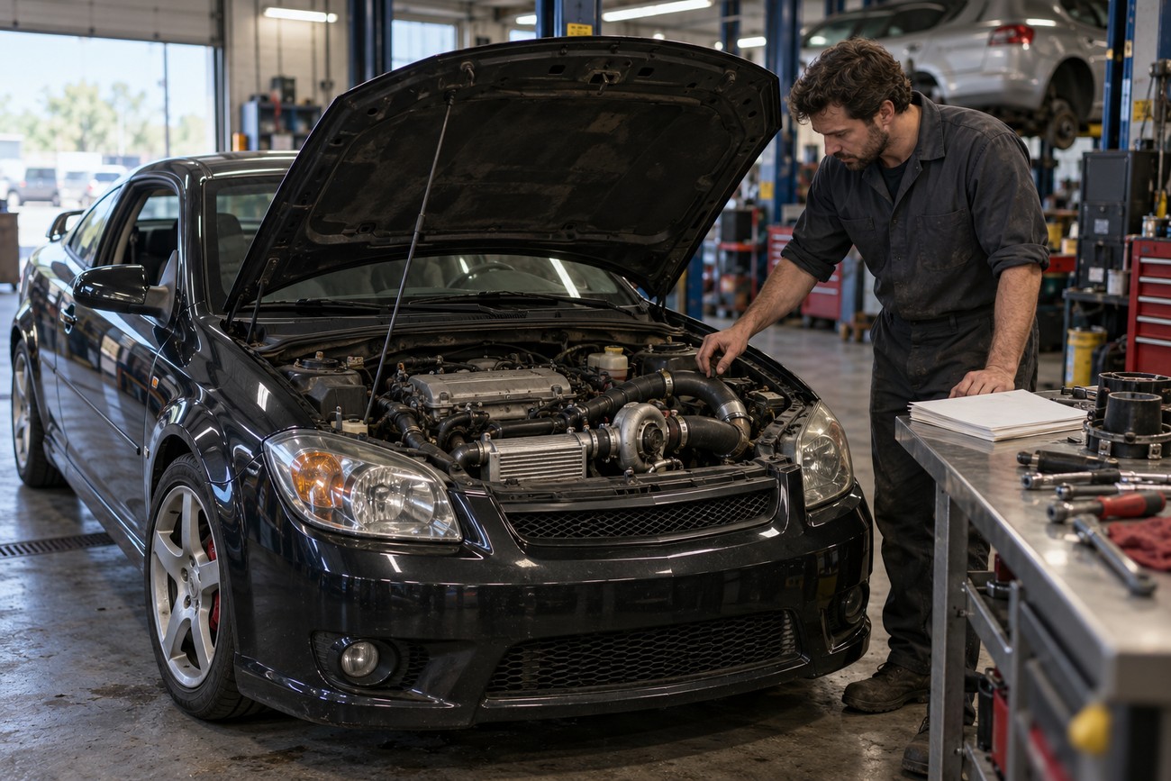 A mechanic in overalls inspects the open engine bay of a black Chevrolet Cobalt SS in a repair shop