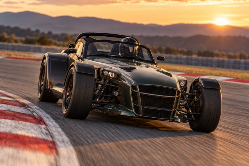 Dark green Donkervoort D8 GTO sports car speeding on a racetrack with a driver wearing a helmet during sunset