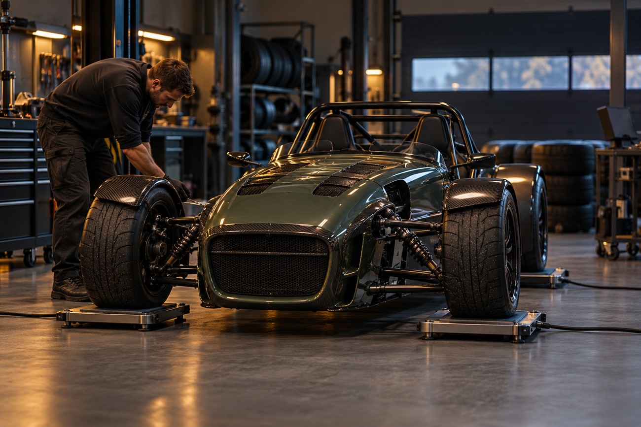 A mechanic working on a green Donkervoort D8 GTO sports car on scales in a garage