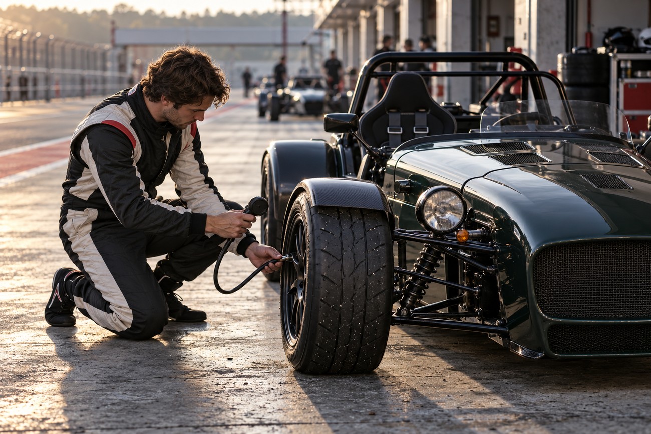 A driver in a racing suit kneels to check the tire pressure of a dark green Donkervoort D8 GTO sports car in the pit lane
