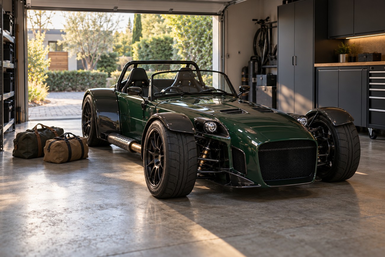 A dark green Donkervoort D8 GTO sports car parked inside a bright modern garage with two duffel bags on the concrete floor