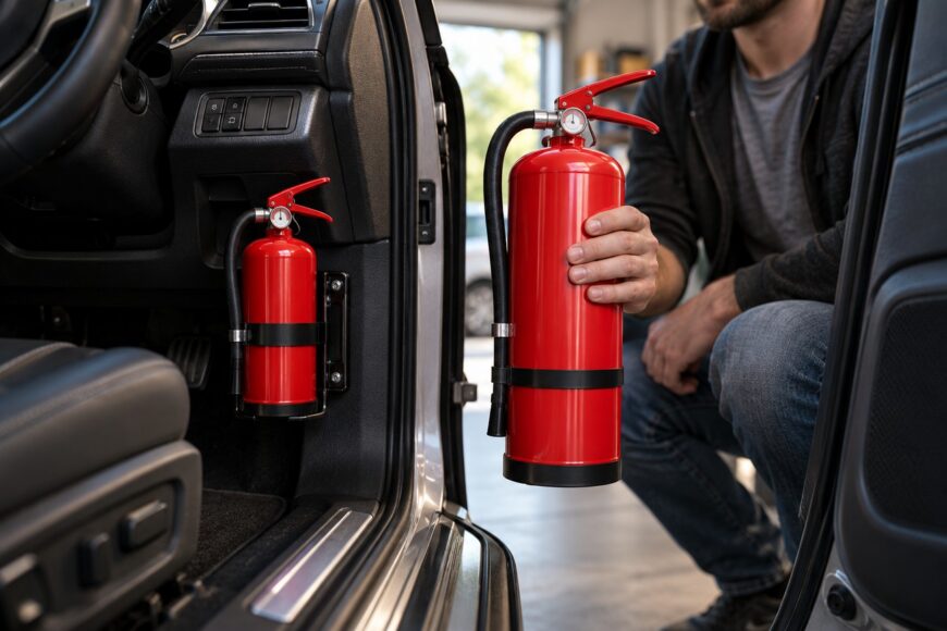 A man crouching next to an open car door holding a red fire extinguisher while another one is mounted inside the vehicle