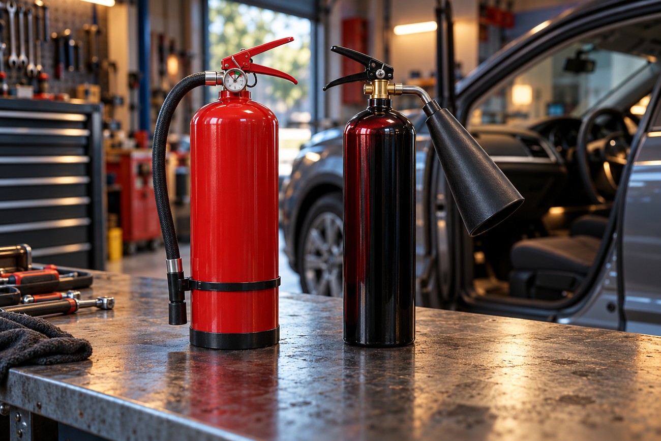 A red and a black car fire extinguisher of different sizes standing on a metal workbench inside a garage with a car in the background