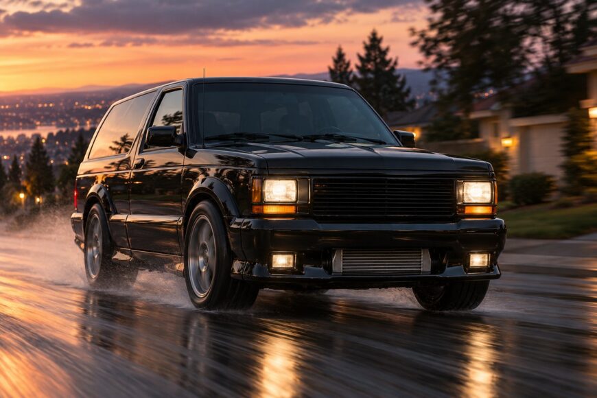 A black GMC Typhoon SUV driving on a wet road at sunset with headlights on
