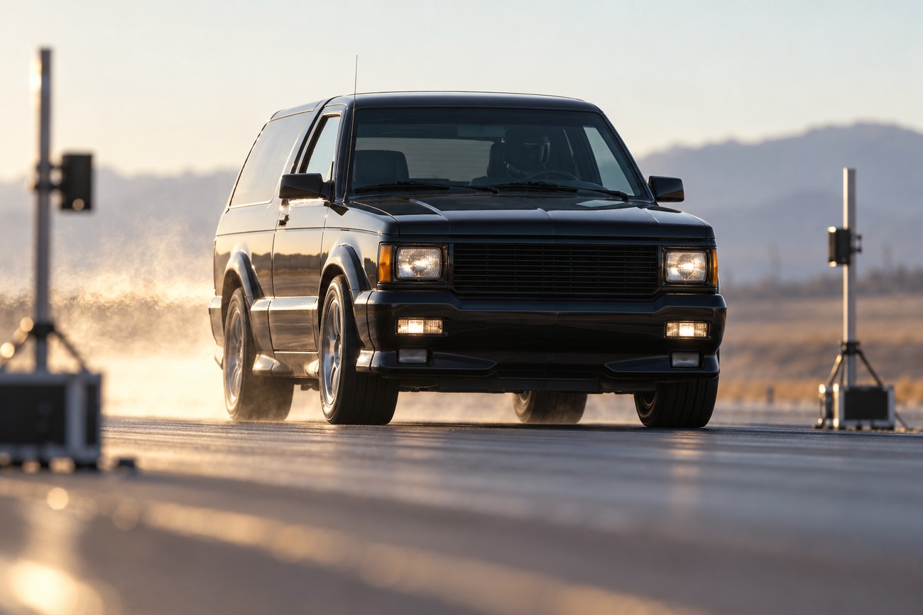 Black GMC Typhoon high-performance turbo SUV accelerating on a testing track during sunset