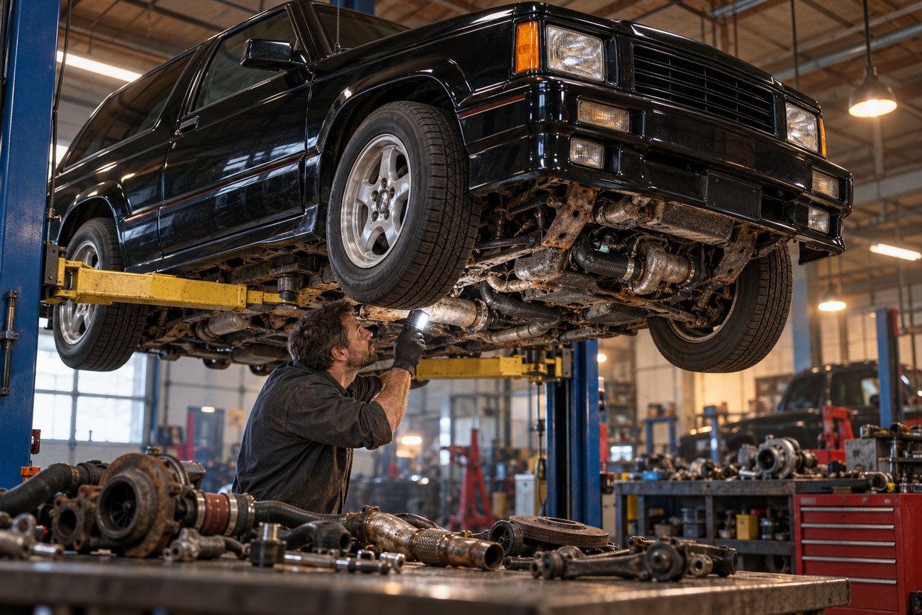 A mechanic holding a flashlight inspects the turbocharger and underbody of a black GMC Typhoon on a car lift