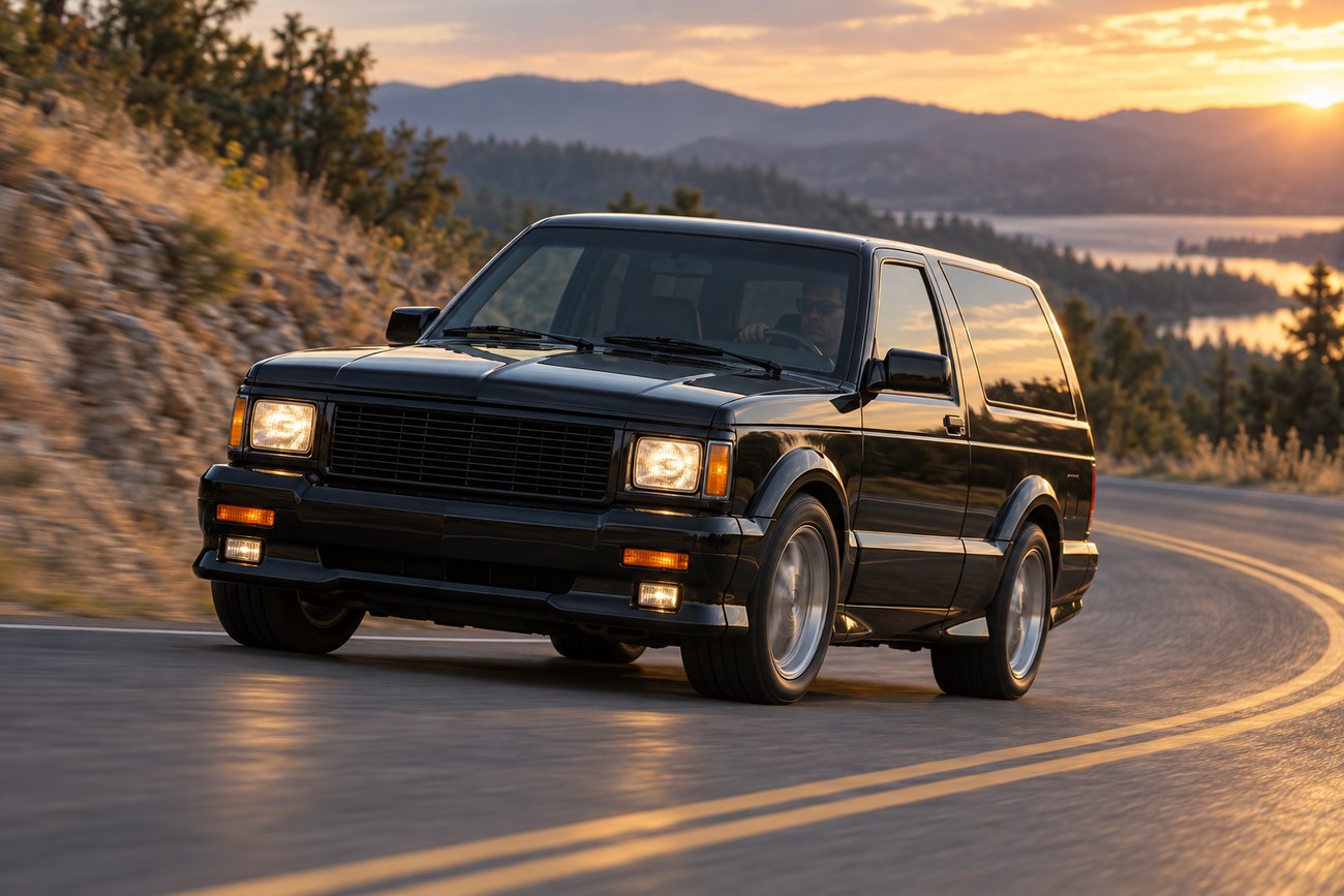 Black GMC Typhoon high-performance SUV driving on a winding coastal mountain road at sunset