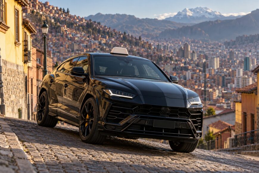 A black Lamborghini Urus super SUV with a taxi sign on the roof driving on a cobblestone street in La Paz with mountain background