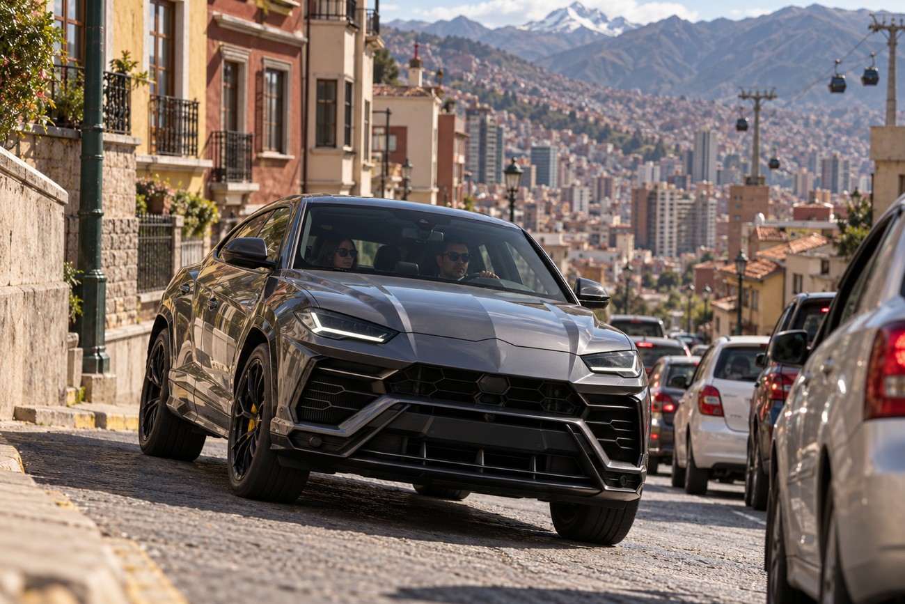 A dark gray Lamborghini Urus driving up a steep cobblestone street in La Paz with city buildings and mountains in the background