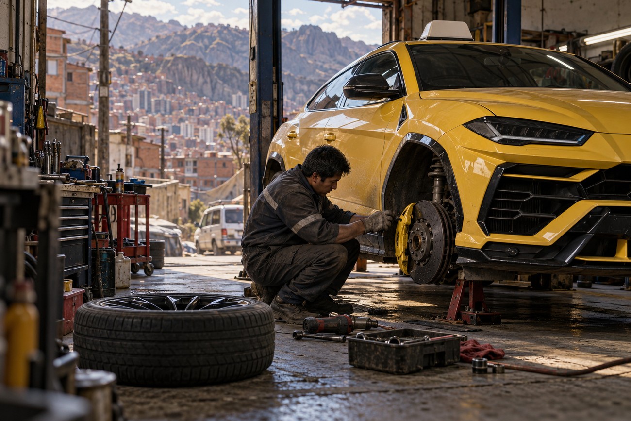Mechanic in overalls servicing the brake system of a yellow Lamborghini Urus taxi inside a garage with a view of La Paz