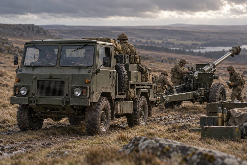 A green Land Rover 101 Forward Control military gun tractor towing an artillery gun with soldiers in a rocky field