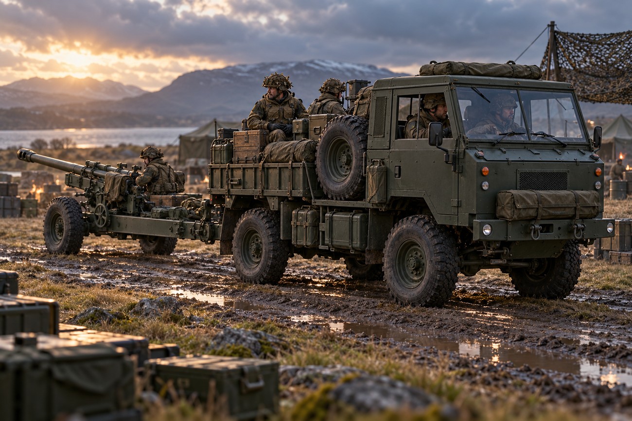 A green Land Rover 101 Forward Control military gun tractor towing an artillery piece with soldiers in a muddy landscape at sunset