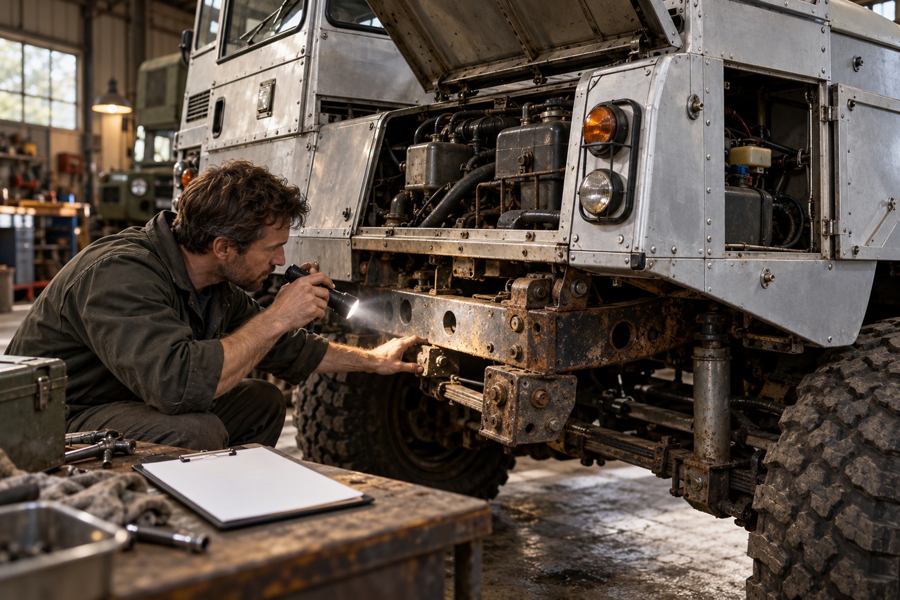 A mechanic inspecting the rusty chassis and engine components of a Land Rover 101 Forward Control with a flashlight in a garage