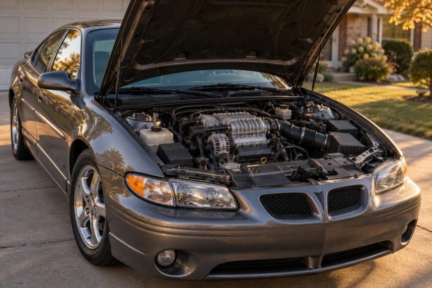 Dark gray Pontiac Grand Prix GTP sedan parked in a driveway with its hood open showcasing the supercharged engine