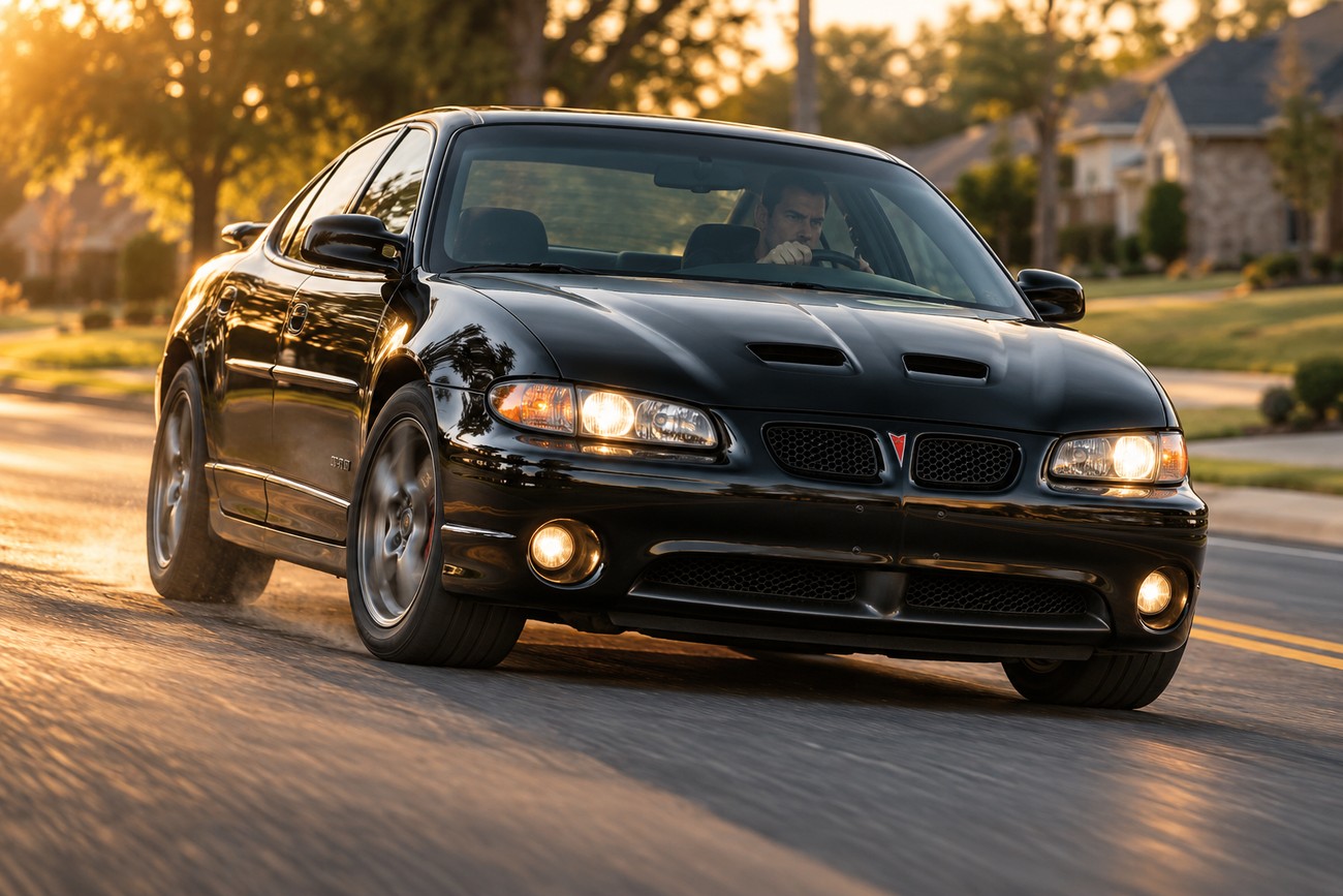 A black Pontiac Grand Prix GTP sedan driving on a suburban road during sunset with a male driver