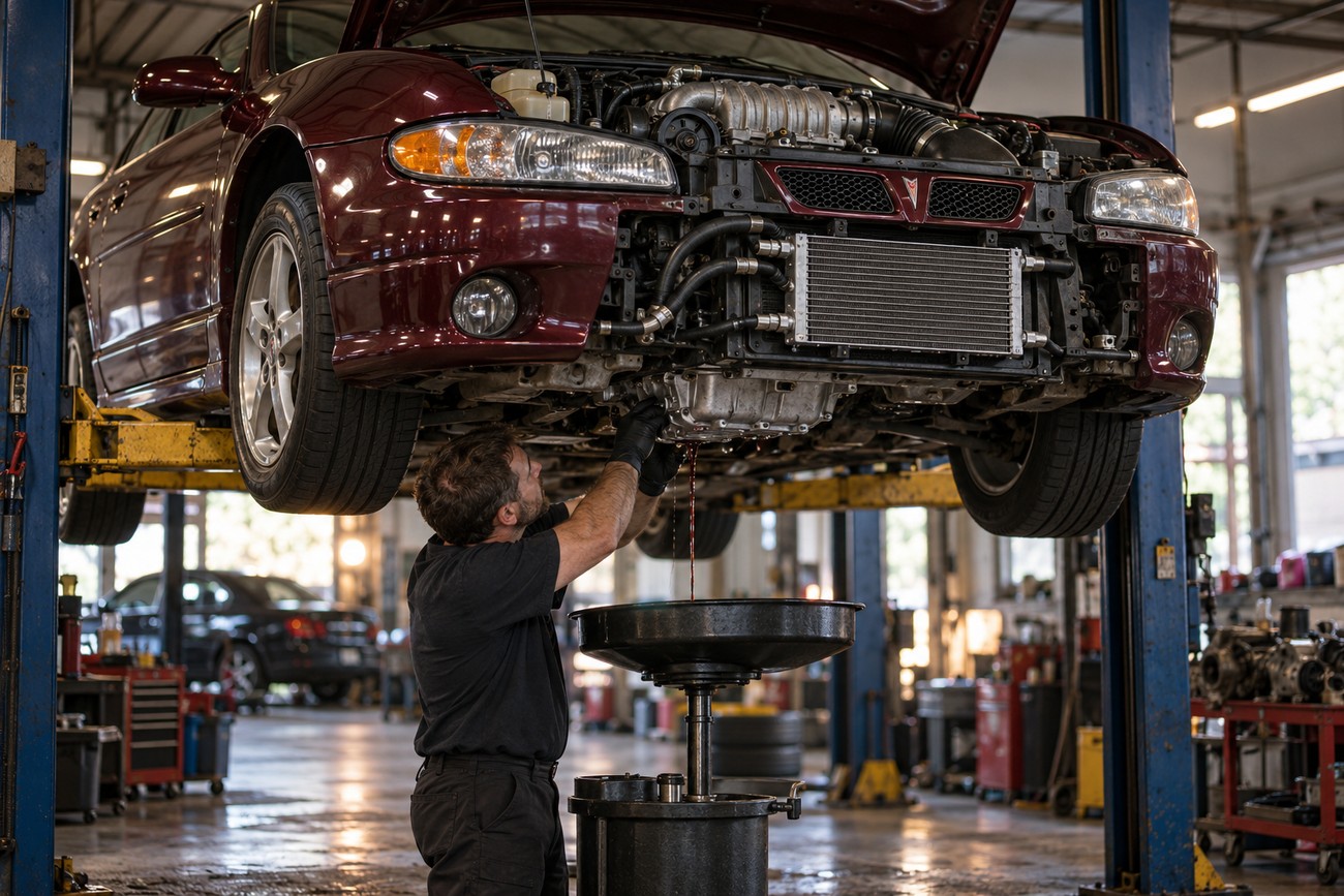 A mechanic in black gloves draining engine oil from a maroon Pontiac Grand Prix GTP raised on a hydraulic lift in a repair shop