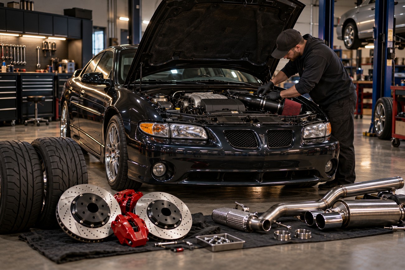 A mechanic working under the hood of a black Pontiac Grand Prix GTP with performance parts in the foreground
