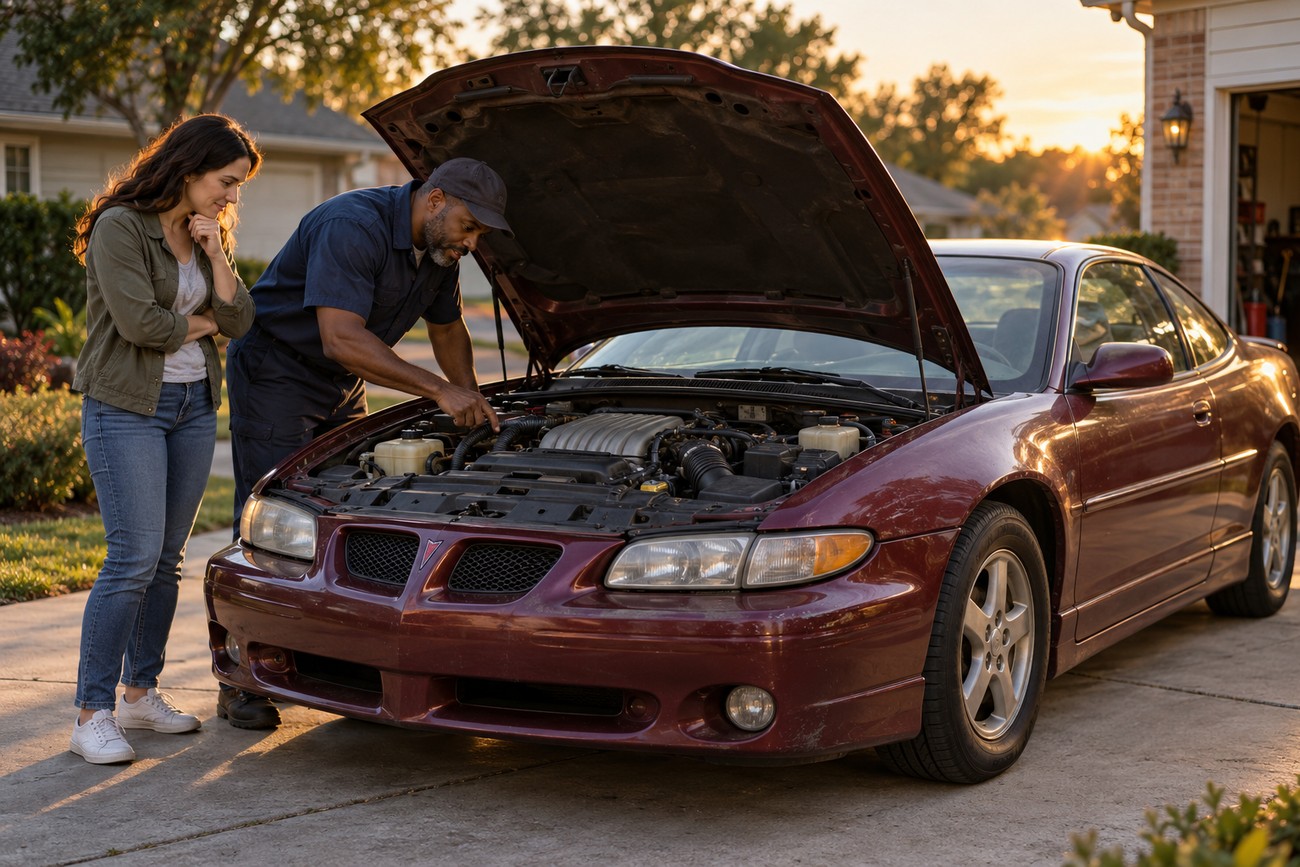 A mechanic inspecting the supercharged engine bay of a red Pontiac Grand Prix GTP while a woman watches