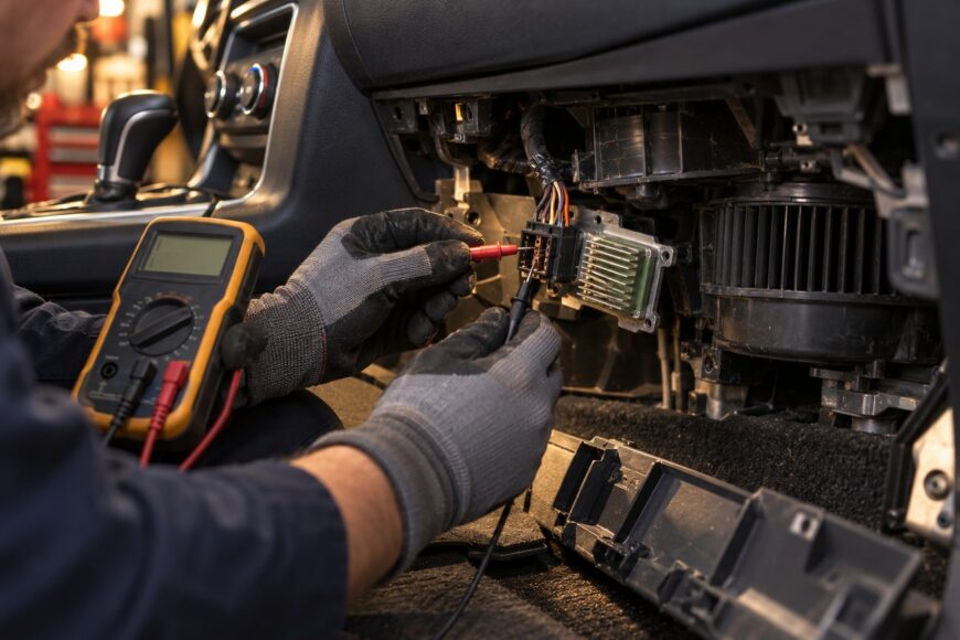 A mechanic wearing work gloves uses a multimeter to test the wiring harness of a blower motor resistor located under a vehicle dashboard