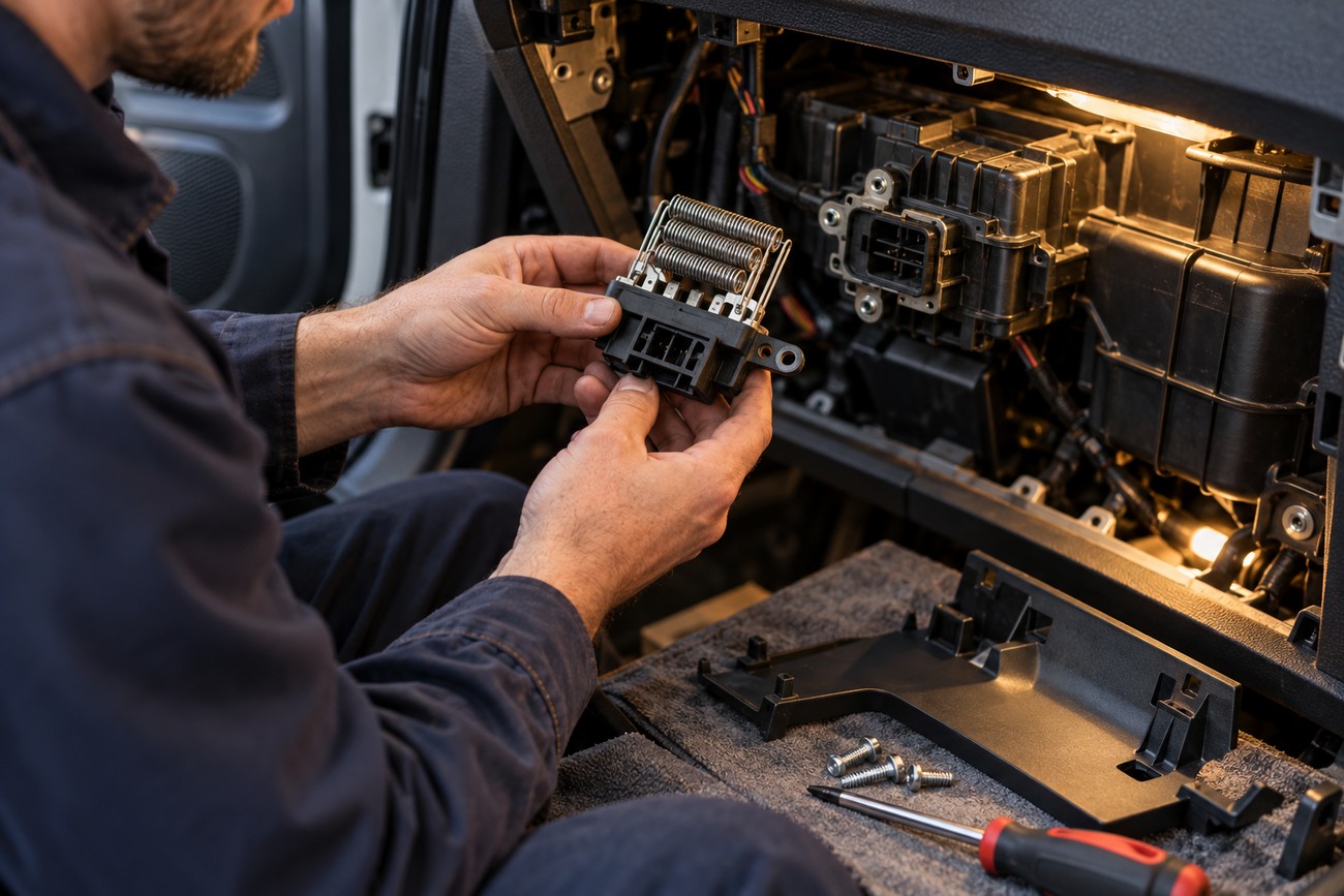 A mechanic in dark blue overalls holding a blower motor resistor near the open dashboard of a car