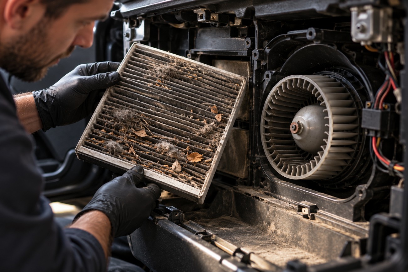 Mechanic in black gloves holding a dirty clogged cabin air filter near the car blower motor assembly