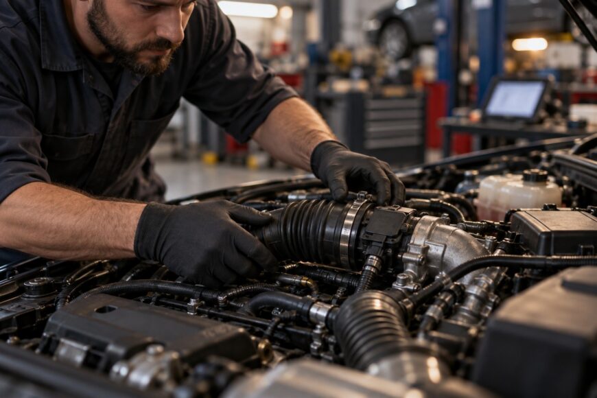 A mechanic wearing black gloves inspecting the air intake hose and components of a gasoline engine in a repair shop