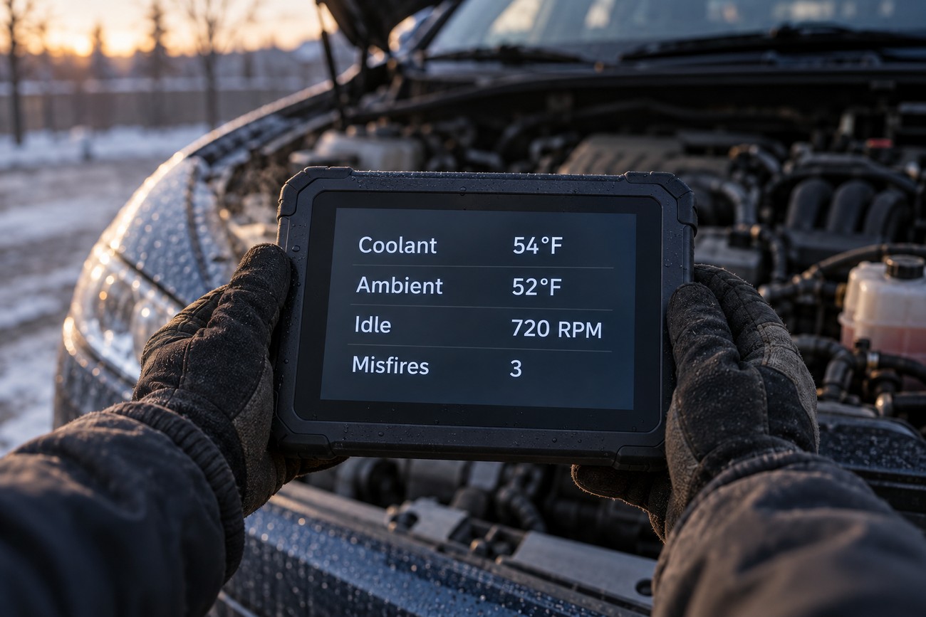 A person in gloves holding a diagnostic tablet showing engine parameters in front of an open car hood