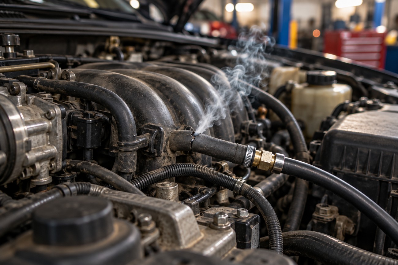 White smoke escaping from a cracked rubber vacuum hose in a dirty car engine bay