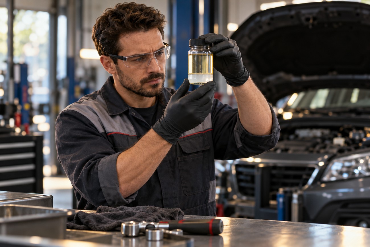 Mechanic wearing protective glasses and gloves inspects a fuel sample in a bottle inside a car repair shop