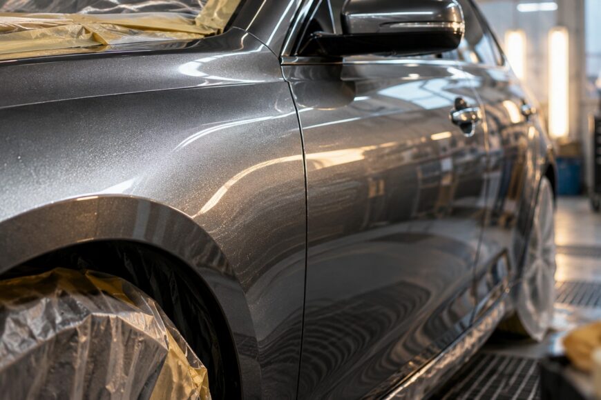 A close-up view of a metallic gray car side panel and fender in an auto body repair shop
