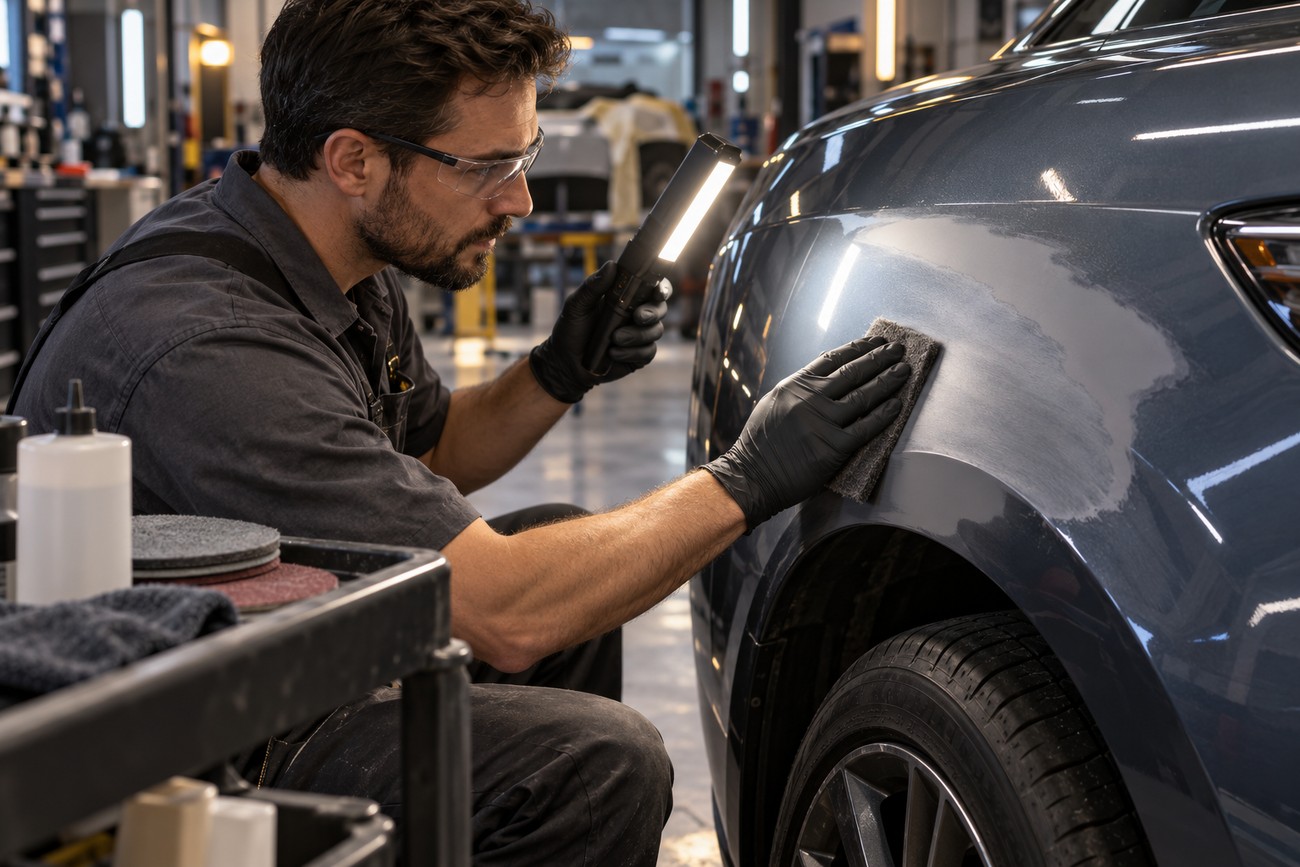 Mechanic in safety glasses and black gloves sanding a car fender in a workshop using an inspection light