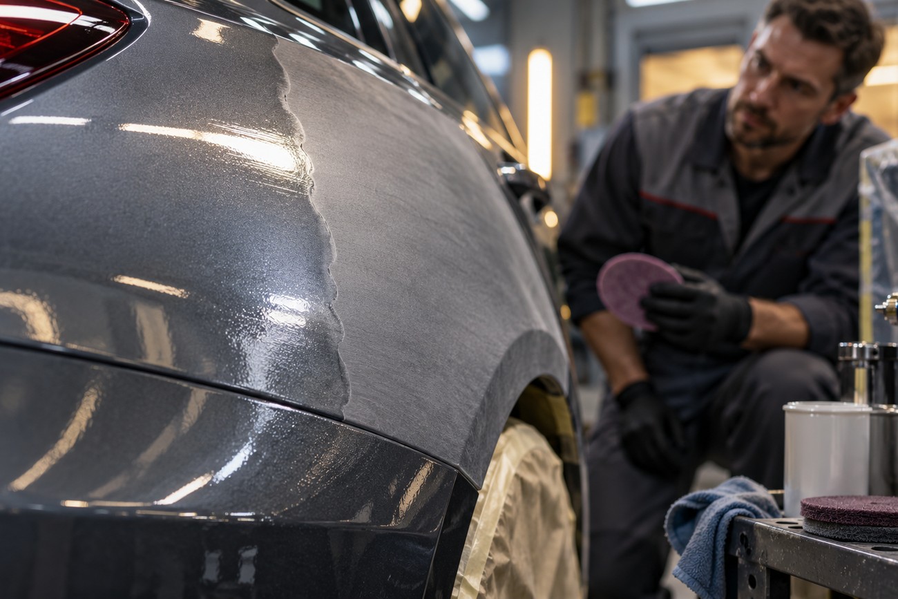 An automotive technician in a workshop inspects the freshly painted side panel of a dark car