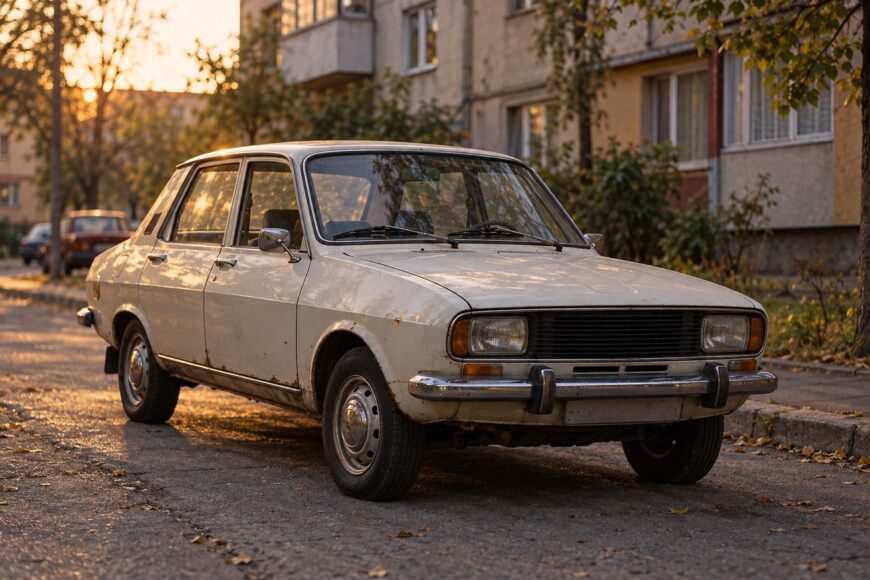 A vintage white Dacia 1300 sedan parked on an asphalt street with fallen leaves near an apartment building during sunset