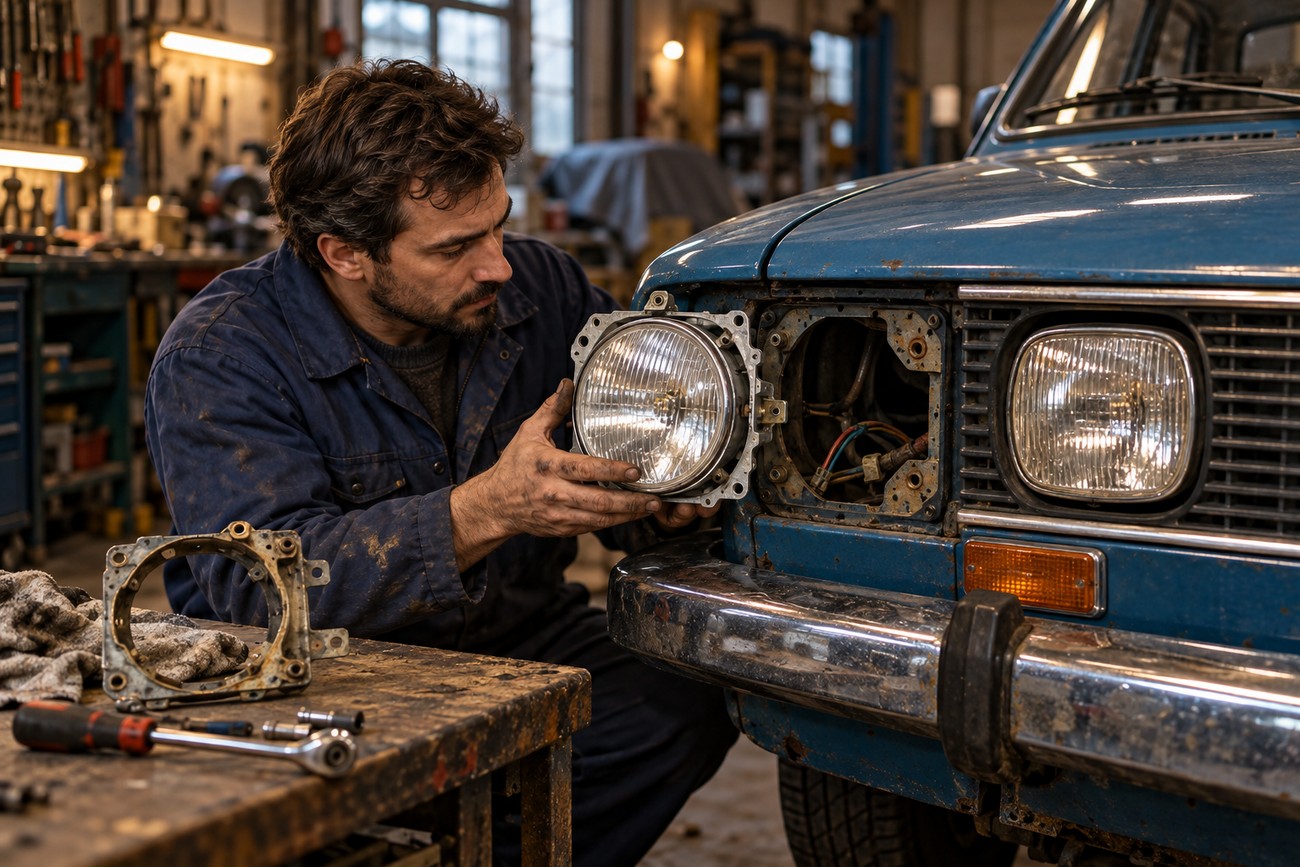 A mechanic in a blue jumpsuit installs a headlight on a classic blue Dacia 1300 in a rustic workshop