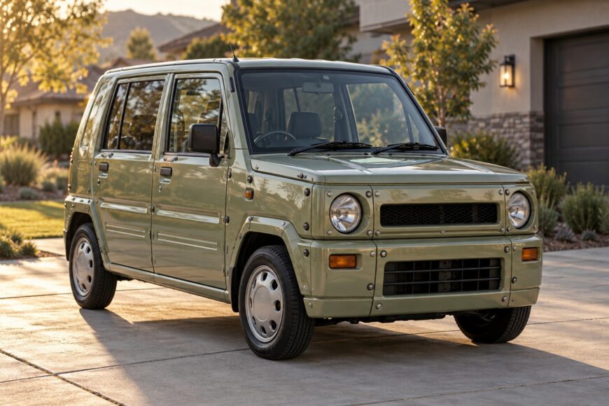 Olive green Daihatsu Naked kei car with distinctive exposed bolts parked on a suburban driveway