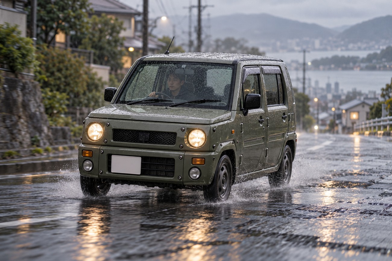 Olive green Daihatsu Naked kei car driving through puddles on a wet Japanese road with exposed bolts visible on its body