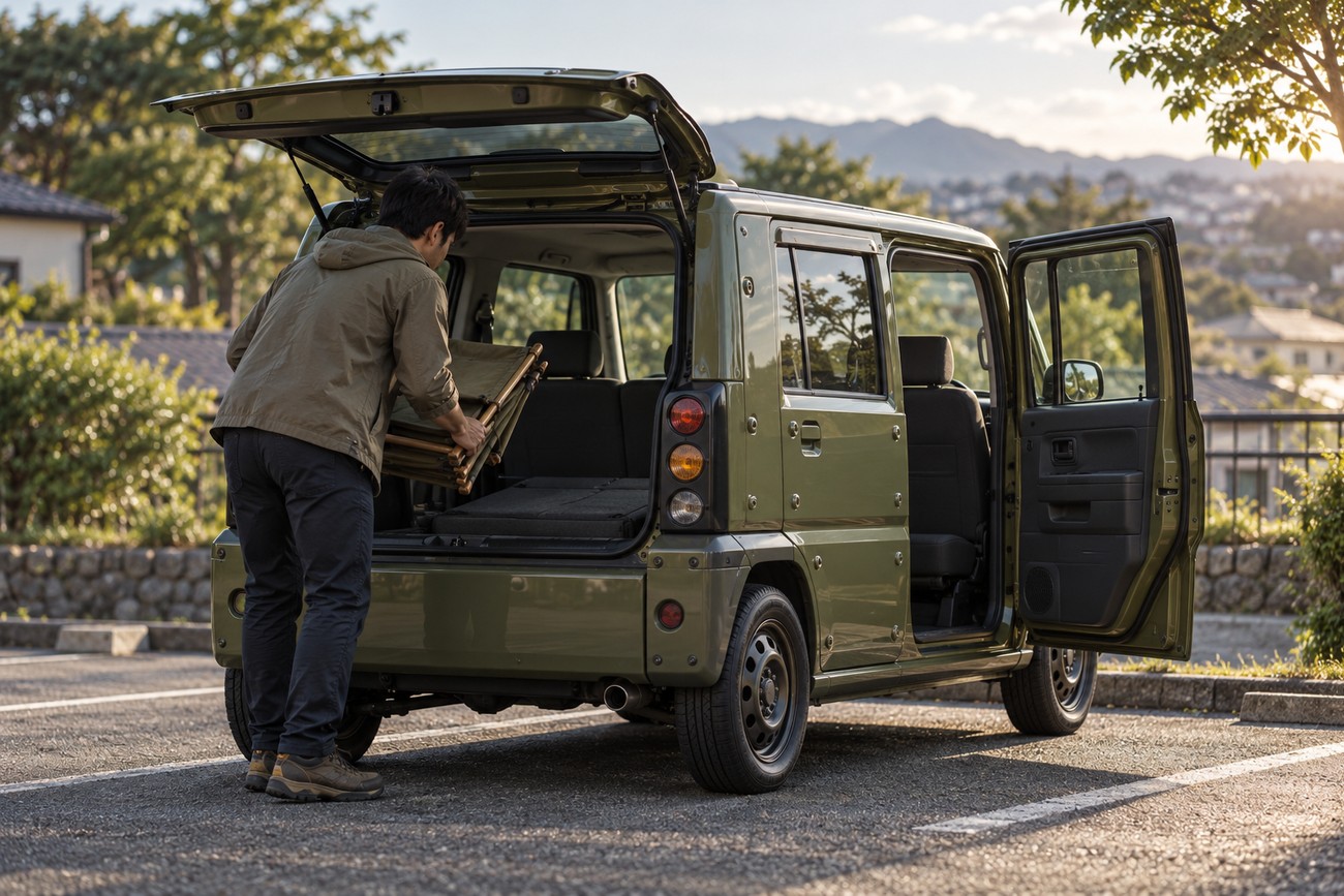 A man loading a folding chair into the open trunk of an olive green Daihatsu Naked kei car parked outdoors