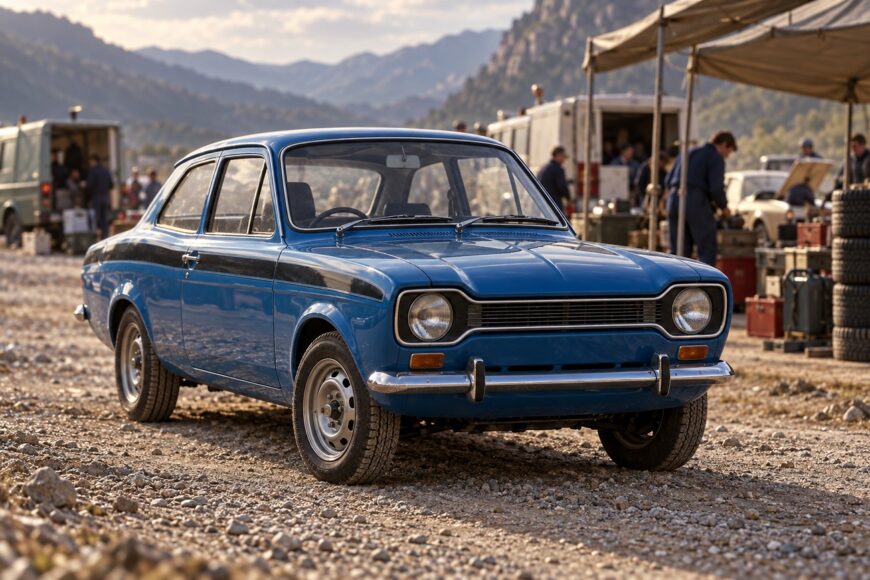 Classic blue Ford Escort Mexico parked on a gravel lot at a rally service area with mountains behind