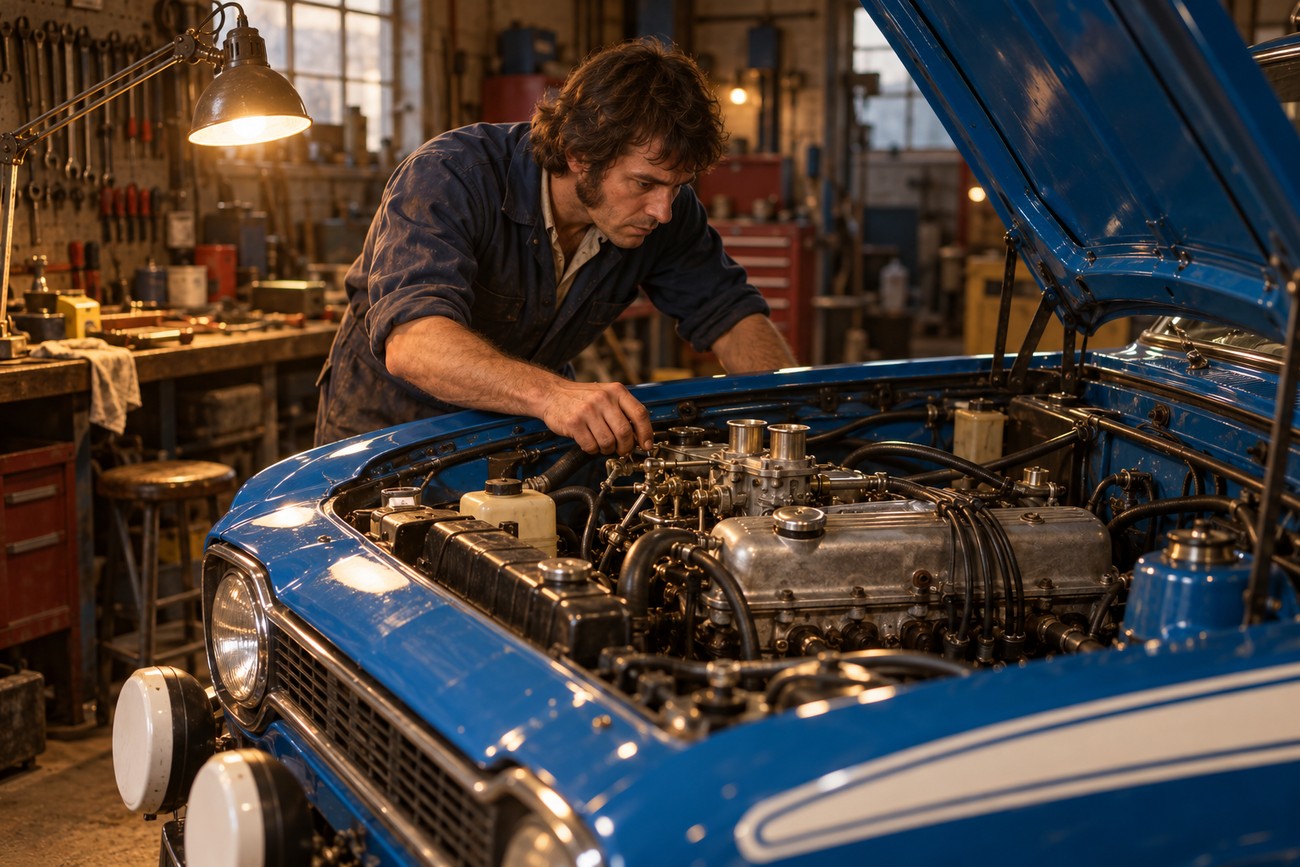 A mechanic in a blue overall working on the engine of a classic blue Ford Escort Mexico in a vintage workshop