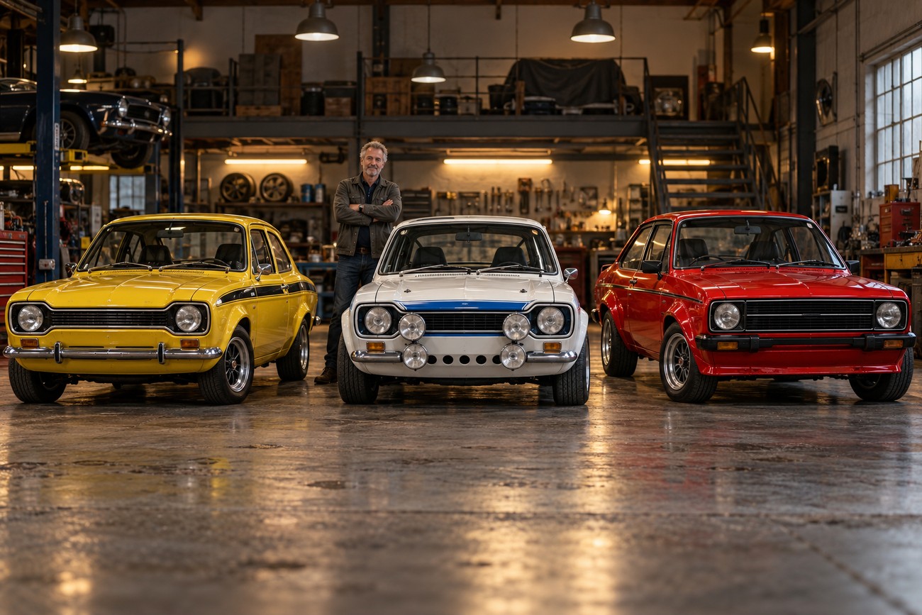 A man posing with arms crossed between three classic Ford Escort Mexico rally cars in a large industrial workshop
