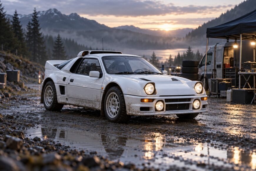 A white Ford RS200 rally car parked on muddy ground with its headlights on during a scenic sunset in the mountains
