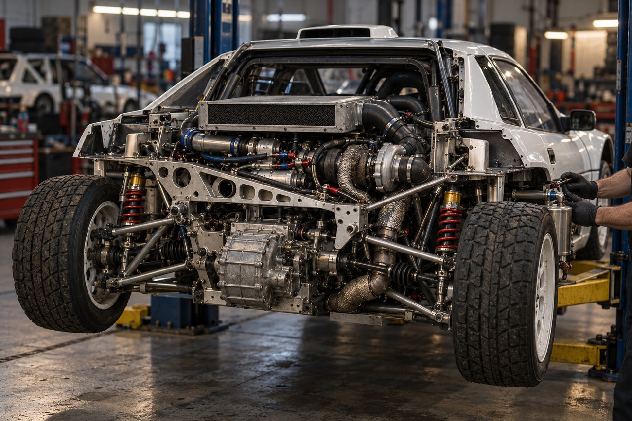 Rear view of a Ford RS200 rally car lifted in a garage showcasing its exposed engine and complex suspension system