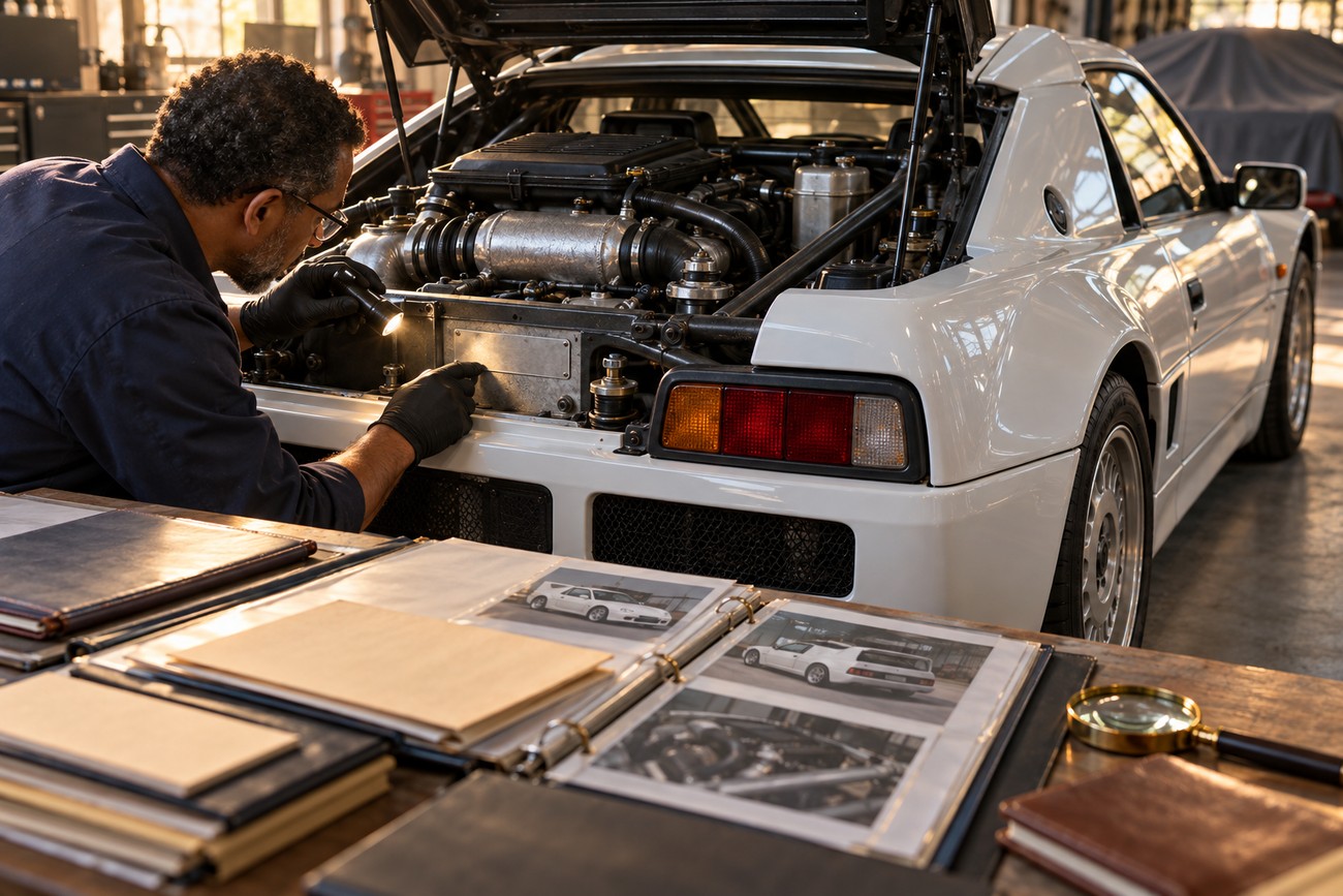 A mechanic in black gloves inspects the engine compartment of a white Ford RS200 with a flashlight in a workshop