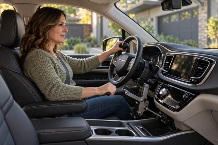 A smiling woman driving a Chrysler Pacifica using mechanical hand controls attached to the steering wheel and dashboard