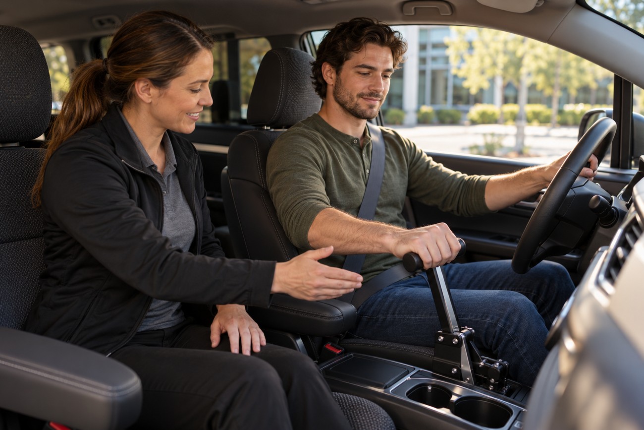 A driving instructor showing a man how to use hand controls inside a Chrysler Pacifica
