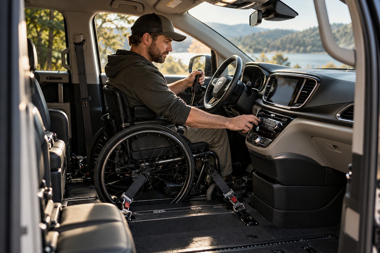 A man in a wheelchair operating hand controls and adjusting the dashboard inside a modified Chrysler Pacifica minivan