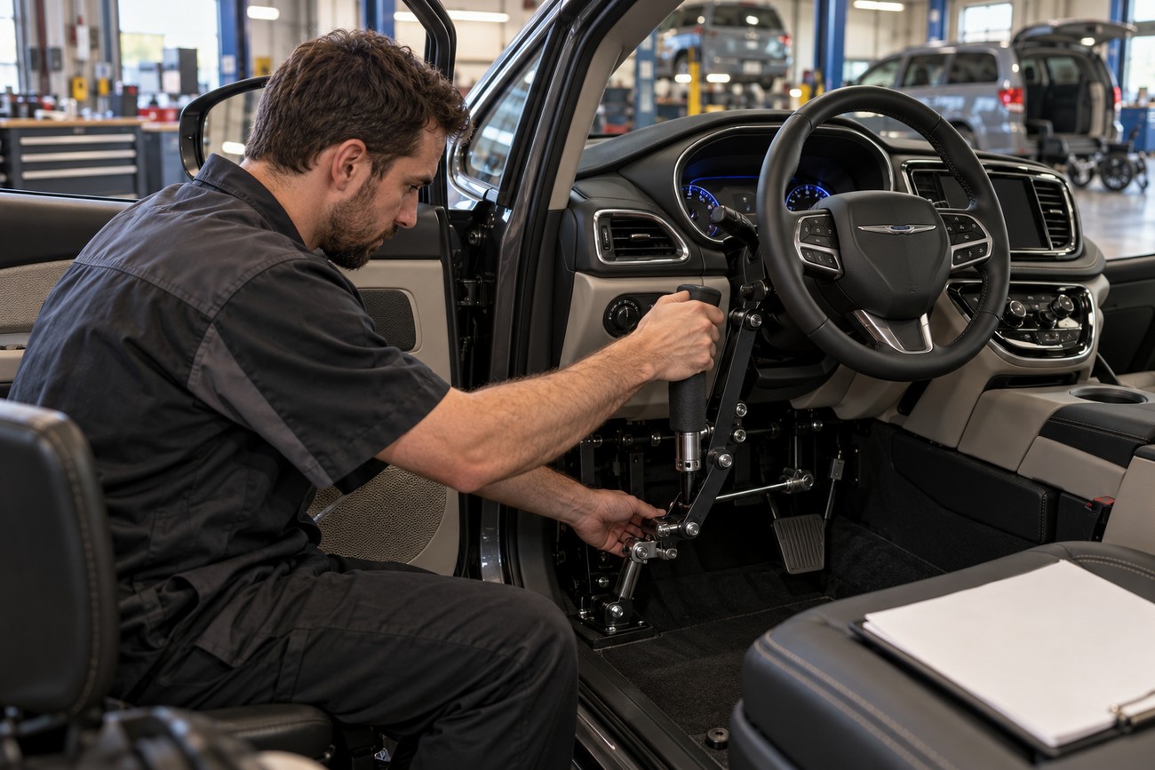 A technician in a workshop adjusts adaptive hand controls installed near the steering wheel of a Chrysler Pacifica